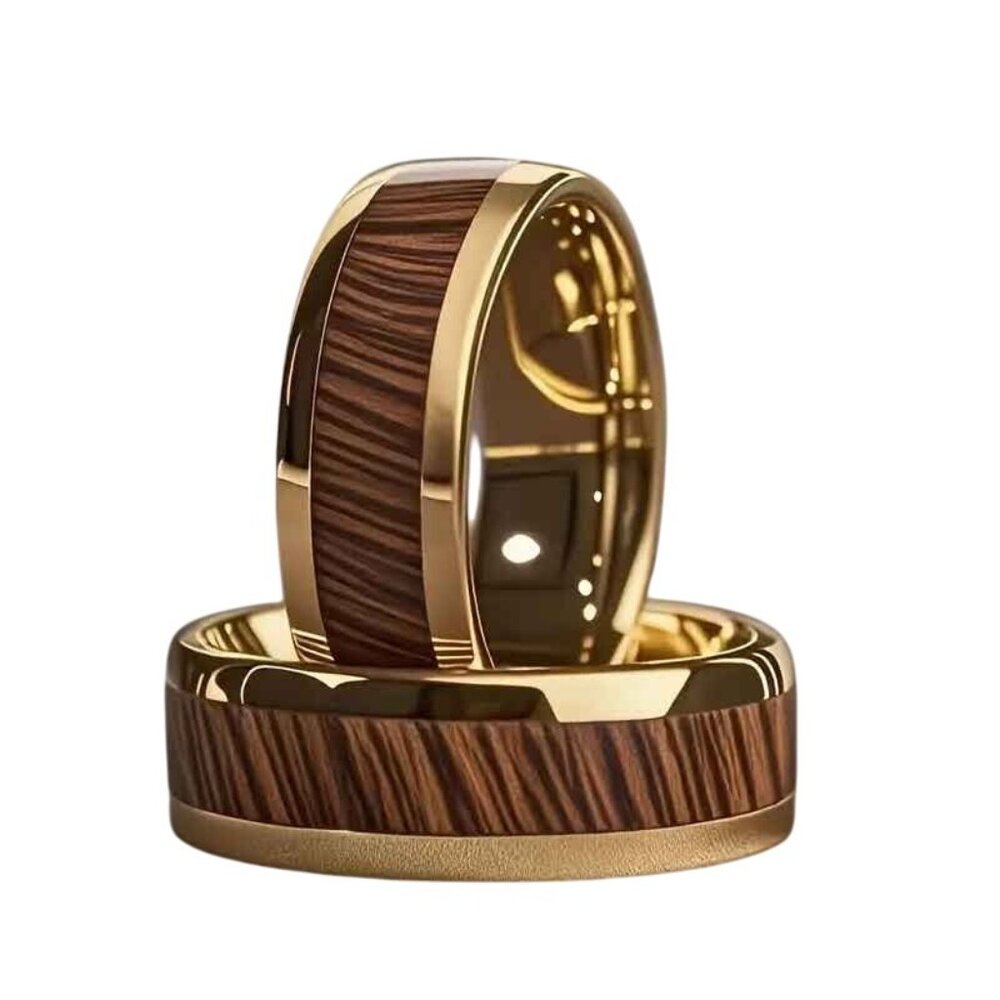 Tungsten Steel Men's Fashion Ring High Polished Brown Marble & gold plated rims